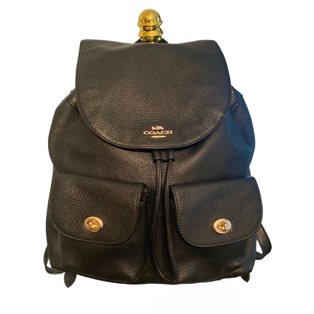 Coach Bille Backpack Black Pebbled Leather Drawstring Large F29008